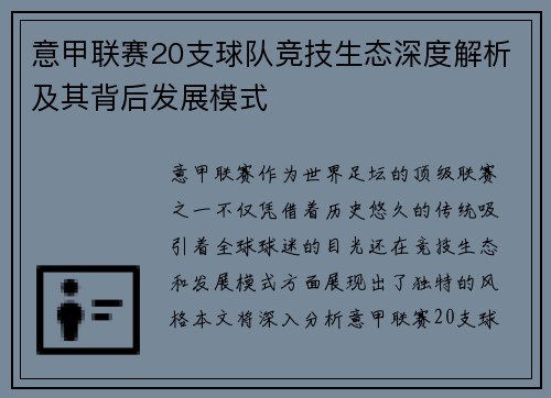 意甲联赛20支球队竞技生态深度解析及其背后发展模式